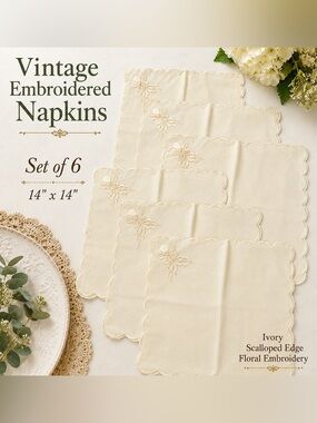 Set of 6 Vintage Ivory Embroidered Floral Linen Napkins 14x14 Scalloped Edge